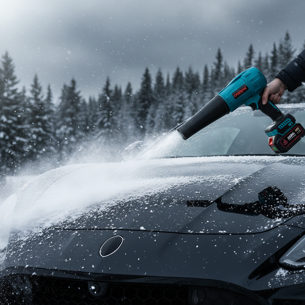 ONEVAN turbo blower clearing snow off luxury car